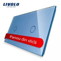 Panou intrerupator simplu+simplu cu touch Livolo din sticla culoare albastra