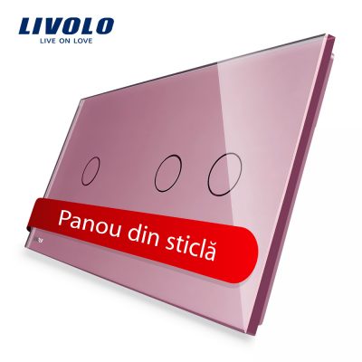 Panou intrerupator simplu+dublu cu touch Livolo din sticla culoare roz