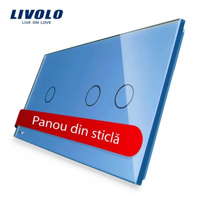 Panou intrerupator simplu+dublu cu touch Livolo din sticla culoare albastra