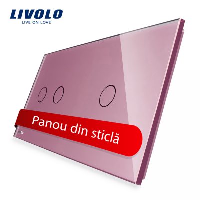 Panou intrerupator dublu + simplu cu touch Livolo din sticla culoare roz