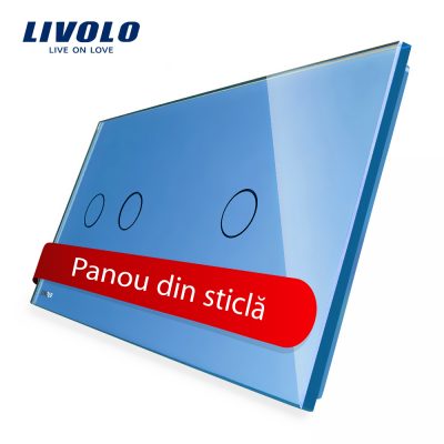 Panou intrerupator dublu + simplu cu touch Livolo din sticla culoare albastra