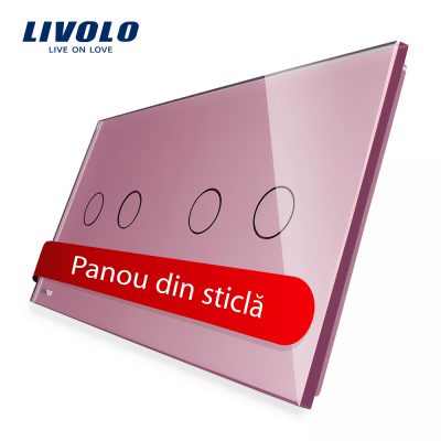 Panou intrerupator dublu+dublu cu touch Livolo din sticla culoare roz