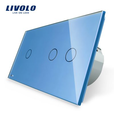 Intrerupator simplu + dublu cu touch Livolo din sticla culoare albastra