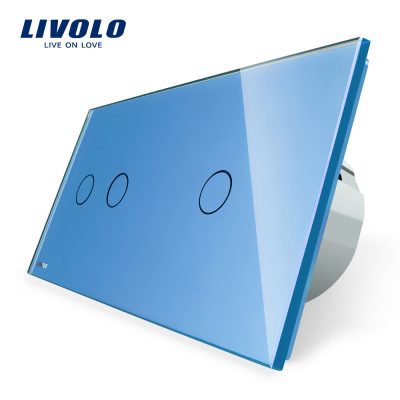 Intrerupator dublu + simplu cu touch Livolo din sticla culoare albastra