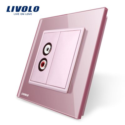 Priza simpla audio Livolo cu rama din sticla culoare roz