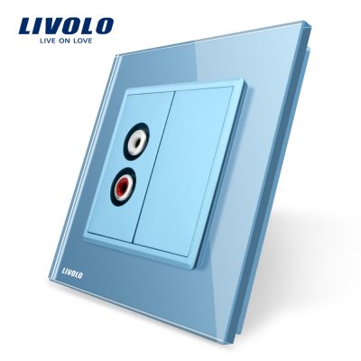 Priza simpla audio Livolo cu rama din sticla culoare albastra