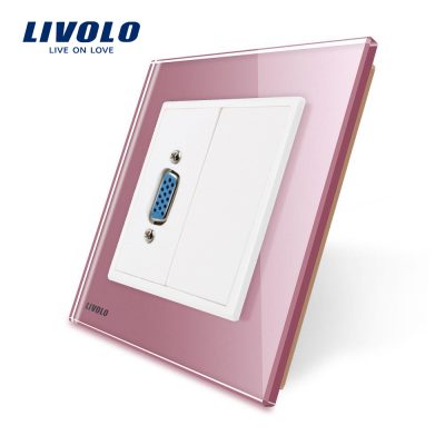 Priza cu mufa VGA mama Livolo cu rama din sticla culoare roz