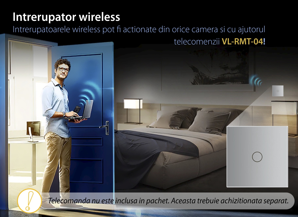 Intrerupator Cap scara / Cruce Wireless cu Touch Livolo din Sticla, Serie Noua