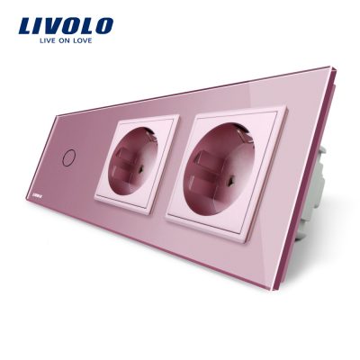 Intrerupator LIVOLO simplu cu touch si 2 prize din sticla culoare roz