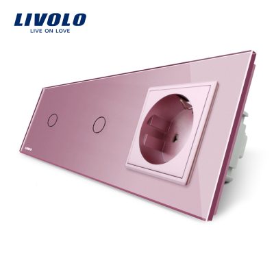 Intrerupator LIVOLO simplu+simplu cu touch si priza din sticla culoare roz