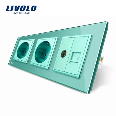 Priza tripla Livolo cu rama din sticla 2 prize simple+TV/internet culoare verde