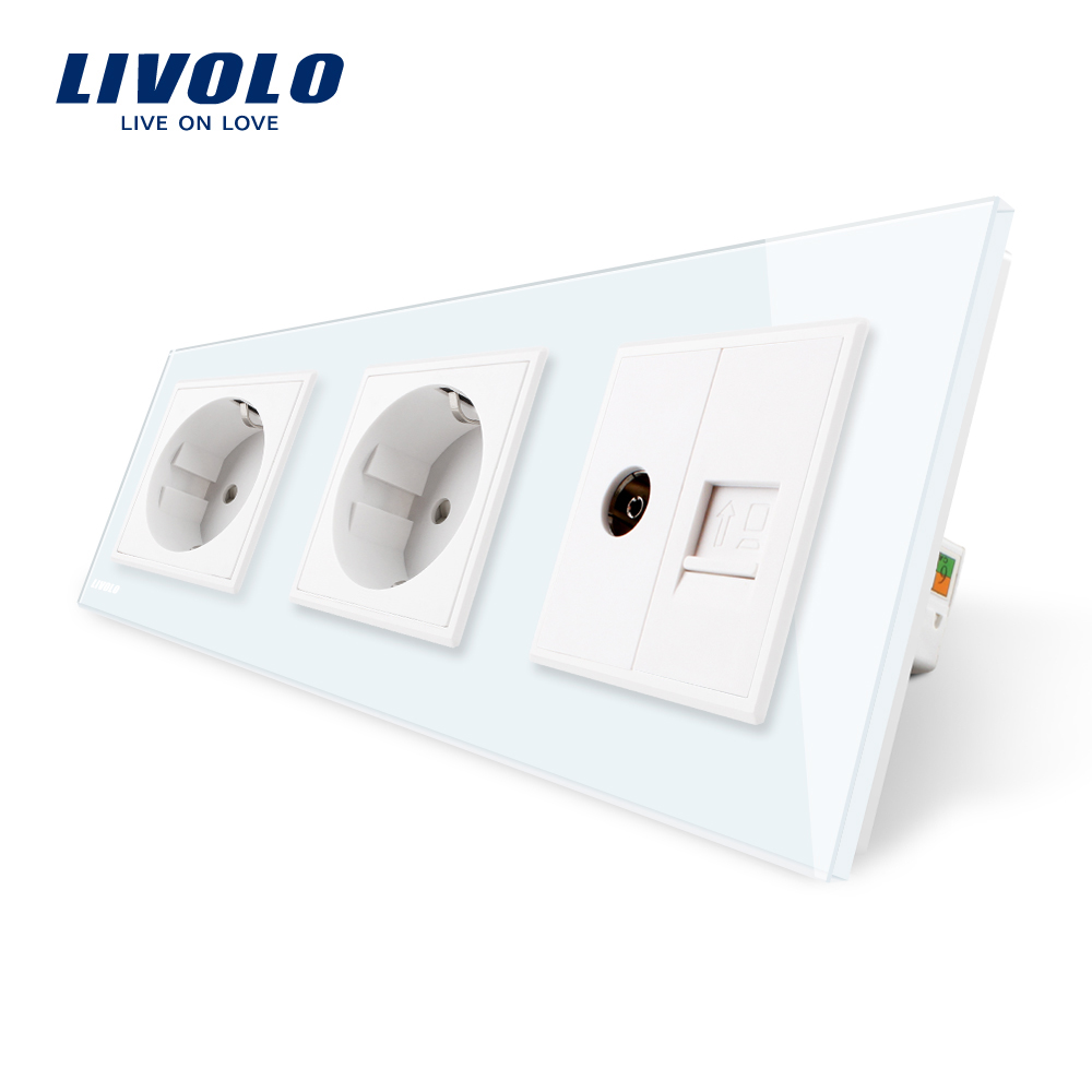 Priza tripla Livolo cu rama din sticla 2 prize simple+TV/internet case-smart.ro