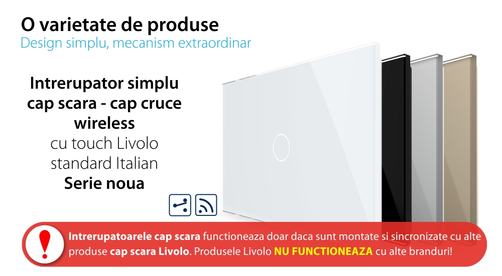 Intrerupator cap scara/cruce wireless cu touch Livolo din sticla – standard italian