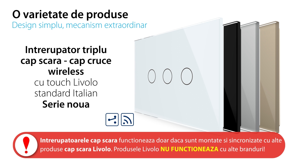 Intrerupator triplu cap scara/cruce wireless cu touch Livolo din sticla – standard italian