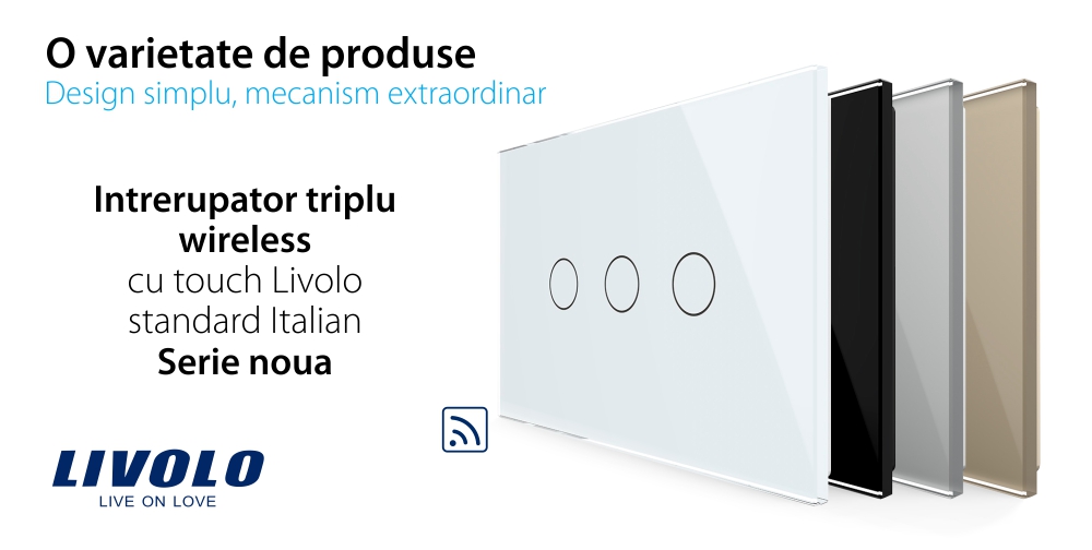 Intrerupator triplu wireless cu touch Livolo din sticla – standard italian