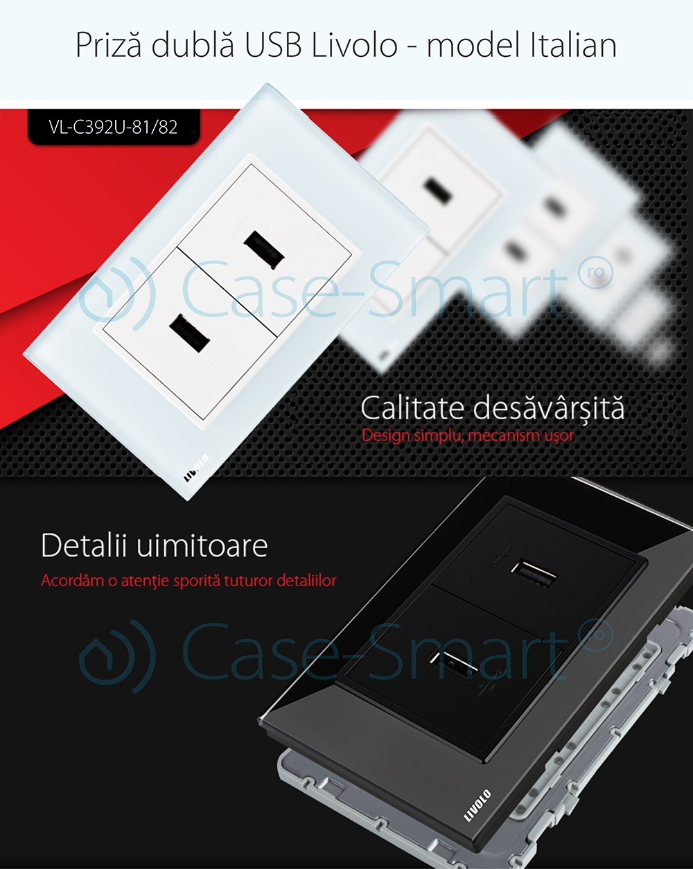 Priza dubla USB Livolo cu rama din sticla – standard italian