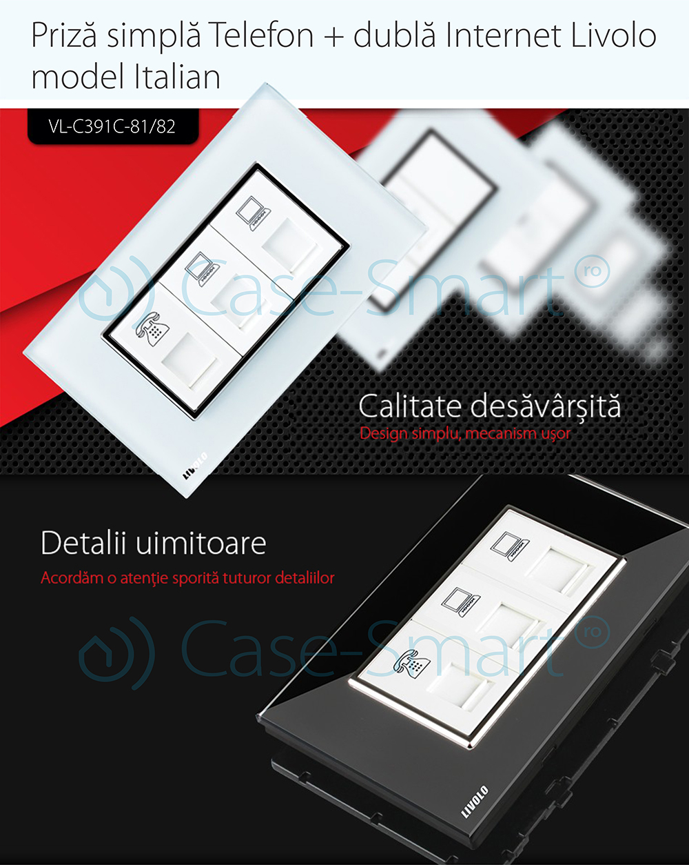 Priza telefon+dubla internet Livolo cu rama din sticla – standard italian