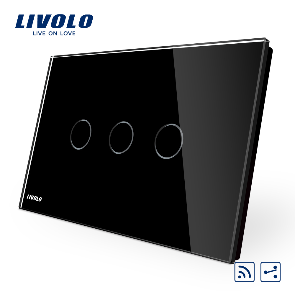 Intrerupator triplu cap scara/cruce wireless cu touch Livolo din sticla – standard italian