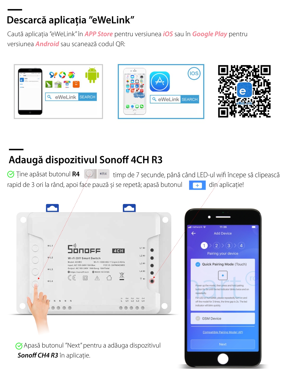 Releu Wireless 4 canale – Sonoff 4CH R3 – Resigilat