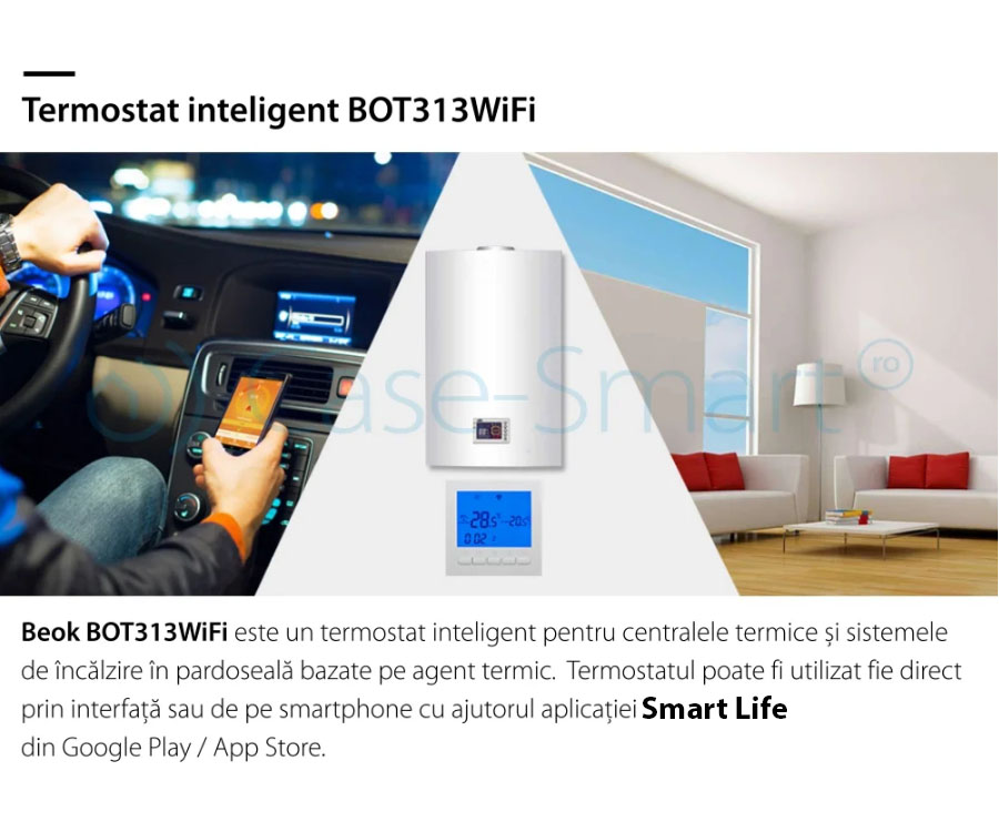 Termostat WiFi pentru centrala termica pe gaz si incalzire in pardoseala, Aplicatia mobila Smart Life, BeOk BOT-313WiFi