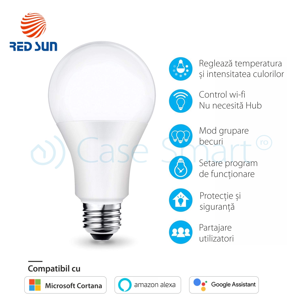 Bec inteligent LED multicolor variator wifi rotund Red Sun, control de pe aplicatie mobila - RS-SW-LB-A21 - Case Smart