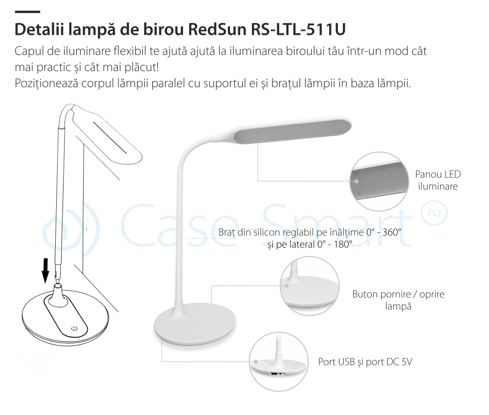 Lampa de birou cu USB si 3 cu niveluri de iluminare Red Sun