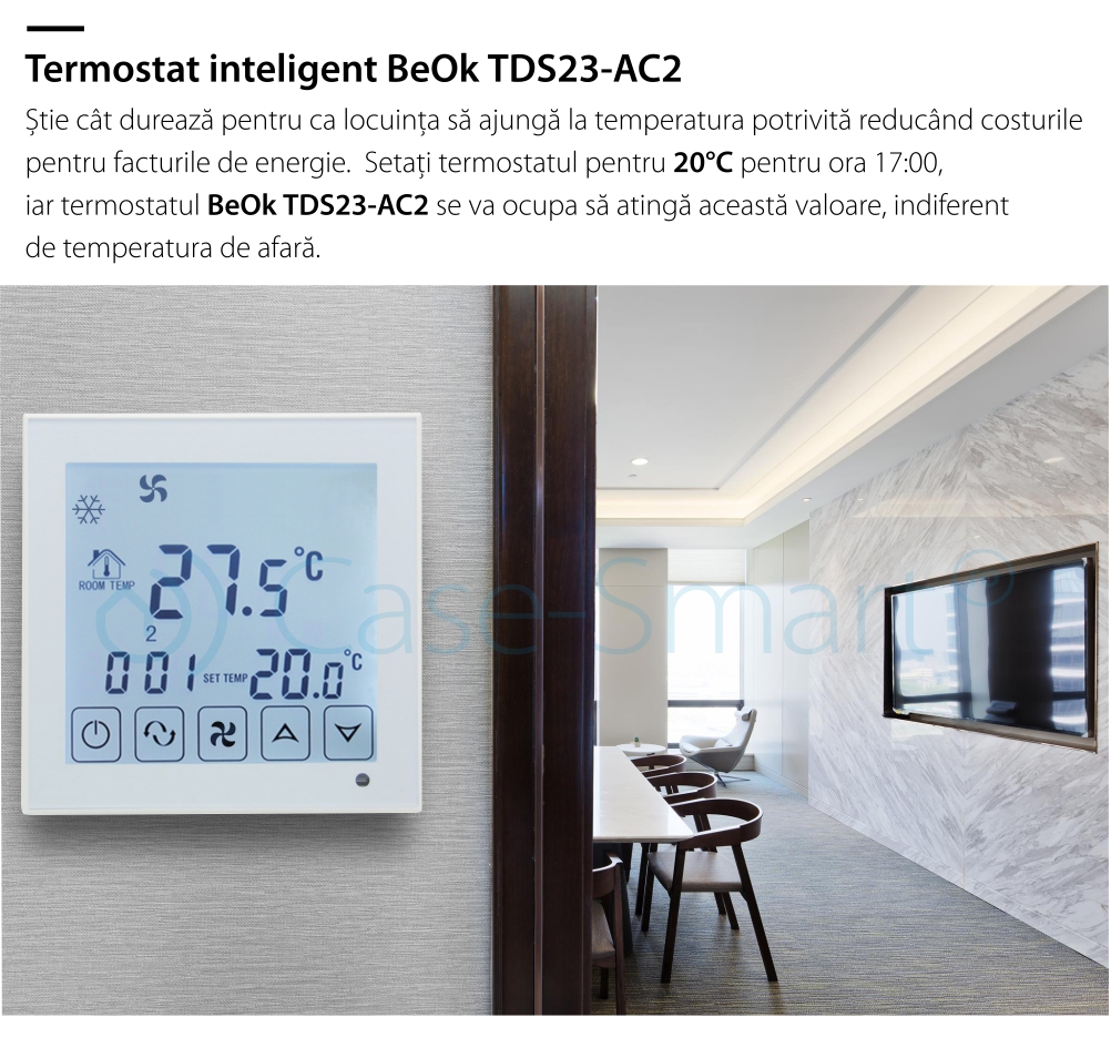 Termostat cu fir pentru aer conditionat BeOk TDS23-AC2, Compatibil cu sisteme HVAC