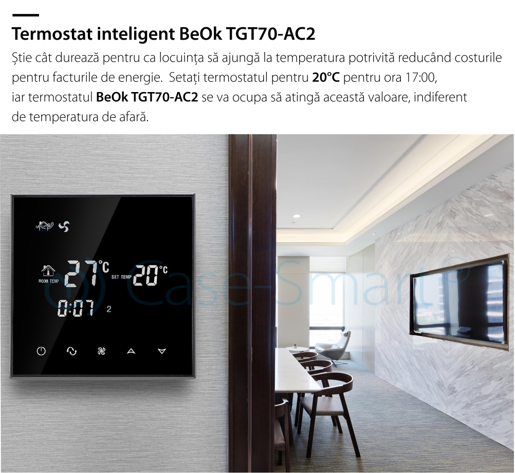 Termostat cu fir pentru aer conditionat BeOk TGT70-AC2, Compatibil cu sisteme HVAC