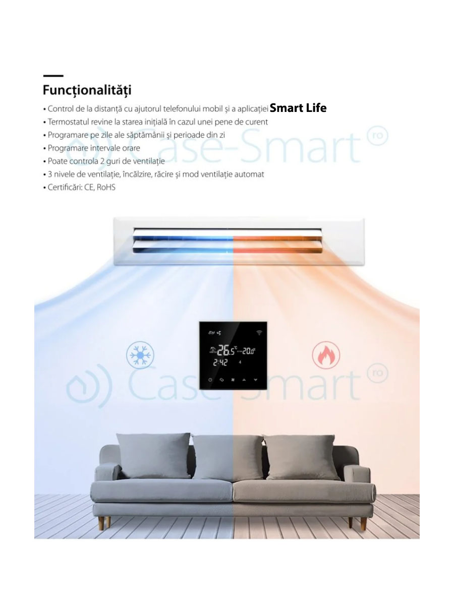 Termostat cu fir pentru aer conditionat BeOk TGT70WIFI-AC2, Aplicatia mobila Smart Life, Compatibil cu sisteme HVAC