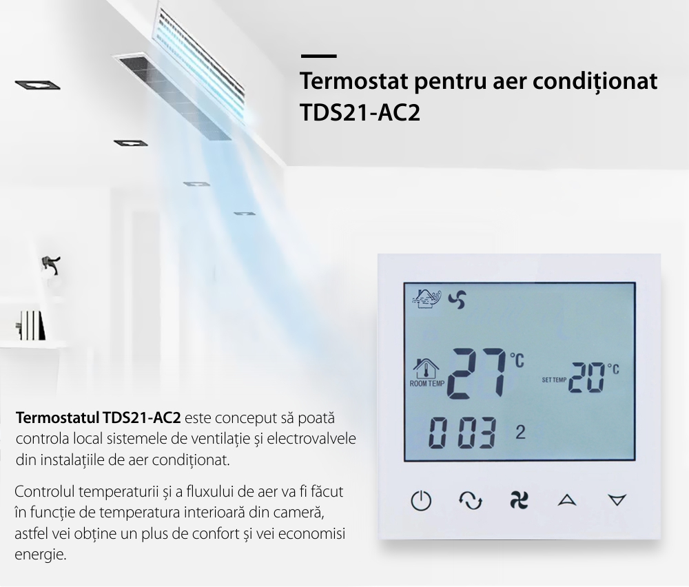Termostat cu fir pentru aer conditionat BeOk TDS21-AC2, Compatibil cu sisteme HVAC
