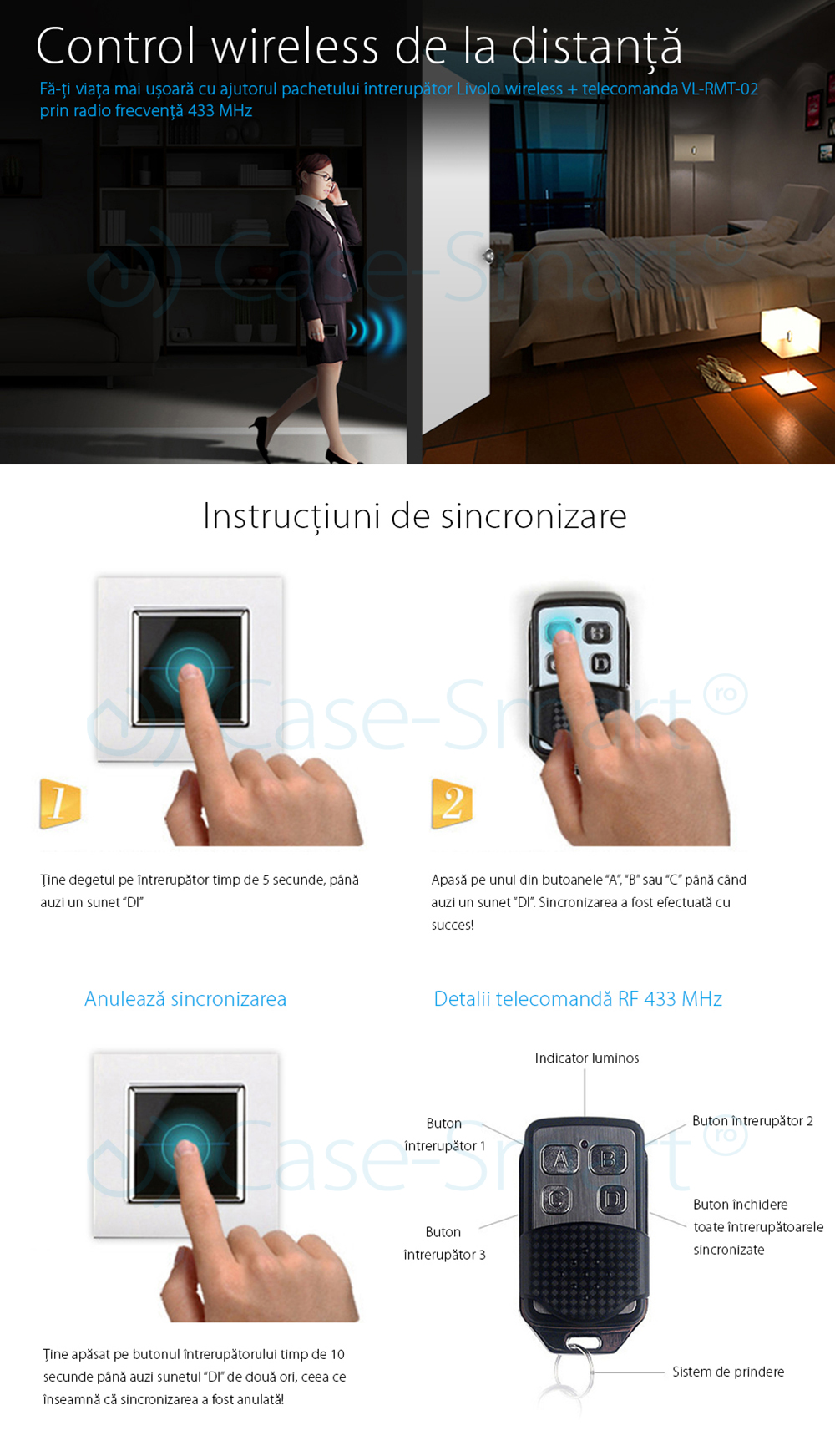 Intrerupator dublu wireless cu touch Livolo din sticla si telecomanda inclusa-standard italian