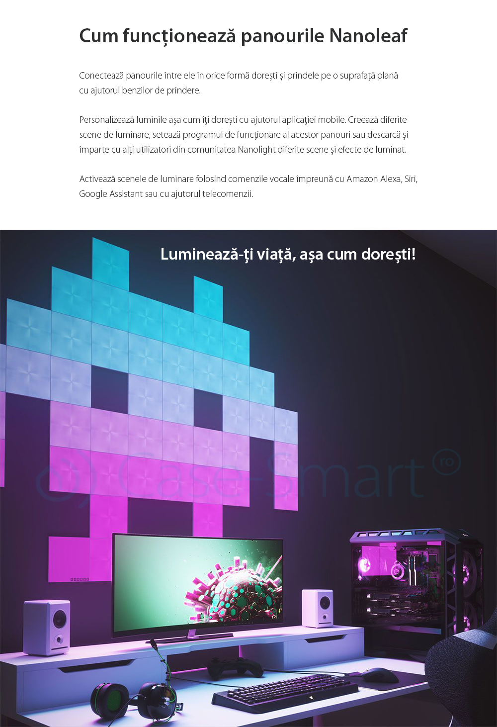 Kit 9 Panouri luminoase inteligente Nanoleaf Canvas cu senzor muzica, LED RGBW, Wi-Fi, Control tactil, Control de pe telefonul mobil
