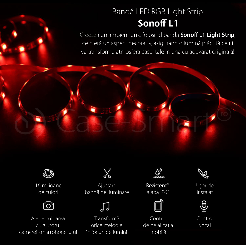 Banda inteligenta Wireless Light Strip LED RGB Sonoff L1, Lungime 2 m, Telecomanda inclusa, Control vocal, Control de pe telefonul mobil