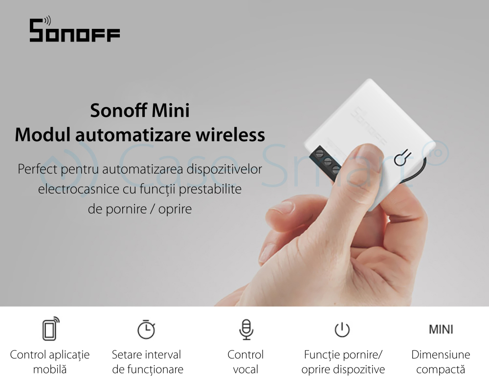 Releu Mini automatizare dispozitive electrocasnice Sonoff Mini, Setare interval de functionare, Control vocal, Control de pe telefonul mobil