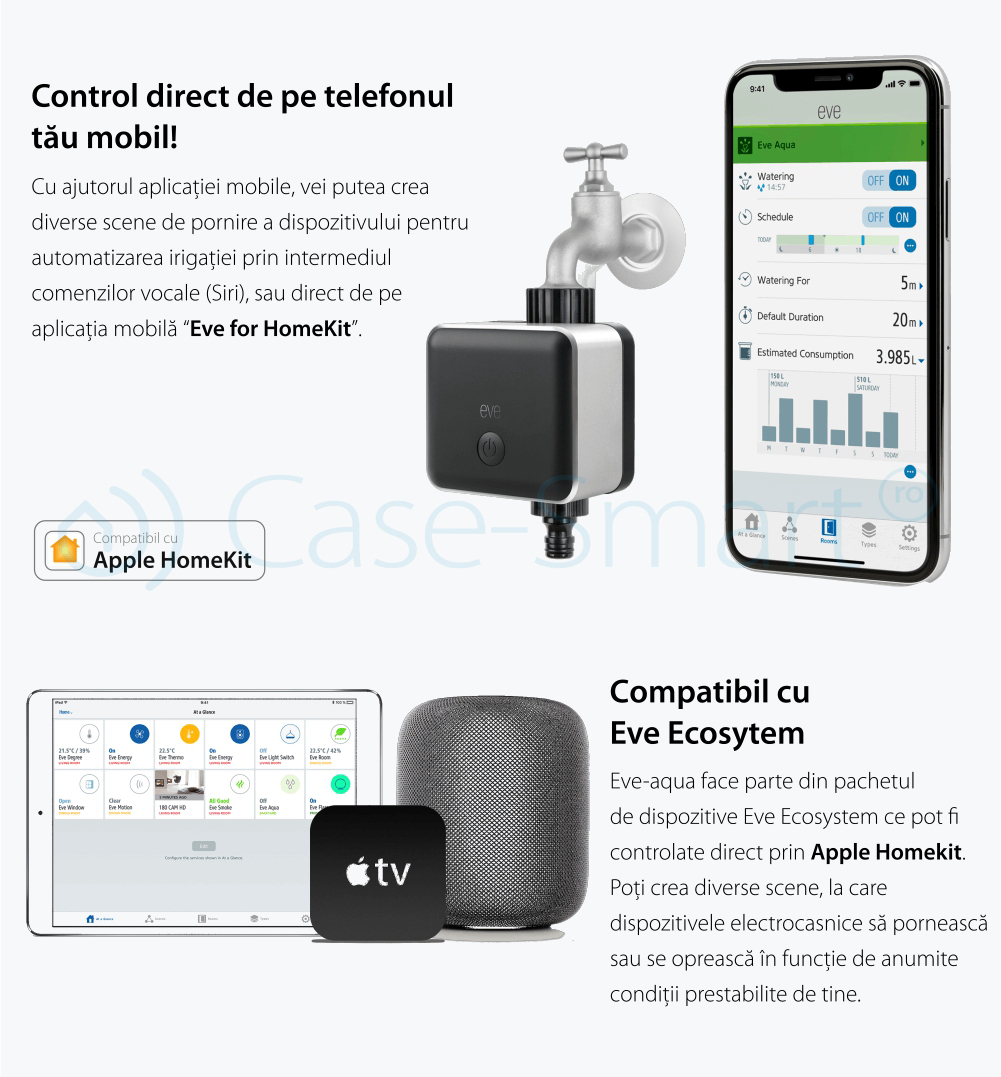 Sistem smart pentru automatizarea irigatiei Eve-aqua, compatibil cu Apple Home Kit