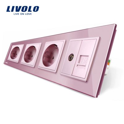 Priza cvadrupla Livolo cu rama din sticla 3 prize simple+TV/internet culoare roz
