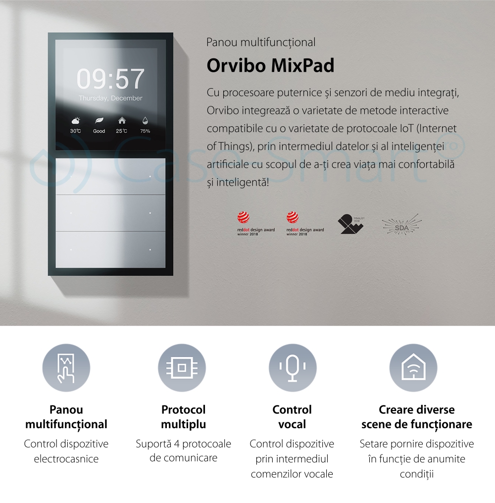 Panou multifunctional Smart Orvibo MixPad, Senzor temperatura, Senzor umiditate, Protocol Zigbee, Control lumini, Control rulouri exterioare, draperii, perdea, Control vocal, Control de pe telefonul mobil