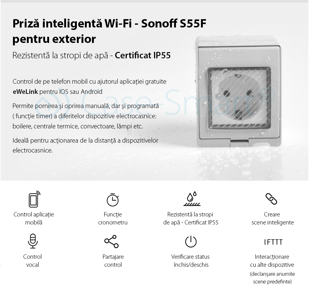 Priza inteligenta pentru exterior Wi-Fi Sonoff S55F, Control de pe telefonul mobil, Control vocal, Distribuire control acces, Timer, Smart scenes, Rezistenta la apa