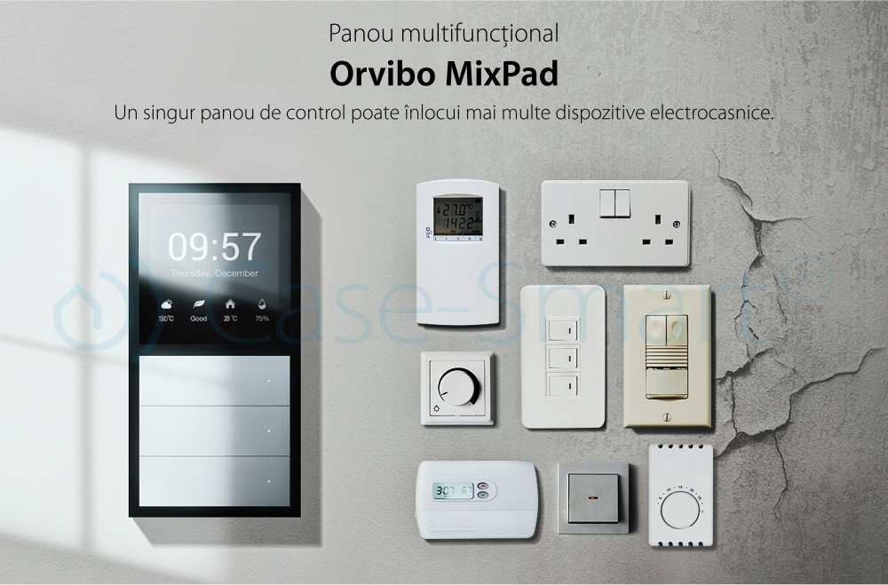 Panou multifunctional Smart Orvibo MixPad, Senzor temperatura, Senzor umiditate, Protocol Zigbee, Control lumini, Control rulouri exterioare, draperii, perdea, Control vocal, Control de pe telefonul mobil