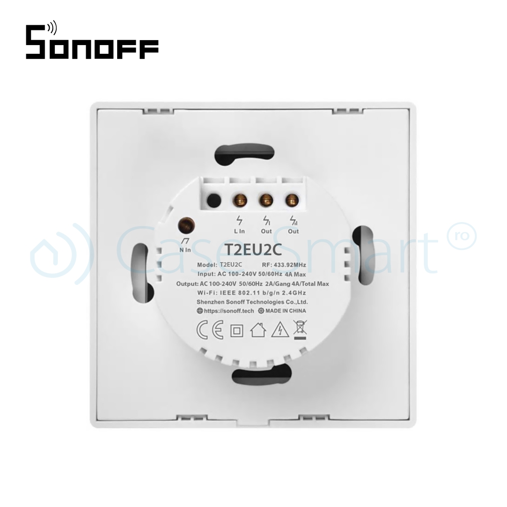 Intrerupator dublu cu touch Sonoff T2EU2C, Wi-Fi + RF, Control de pe telefonul mobil