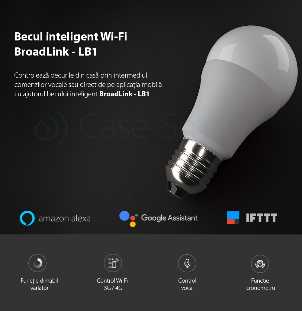 Pachet 4 becuri inteligente Wi-Fi BroadLink FastCon dimabil, E27, 6.5W, Compatibil Amazon Alexa, Google Home, Control de pe telefonul mobil