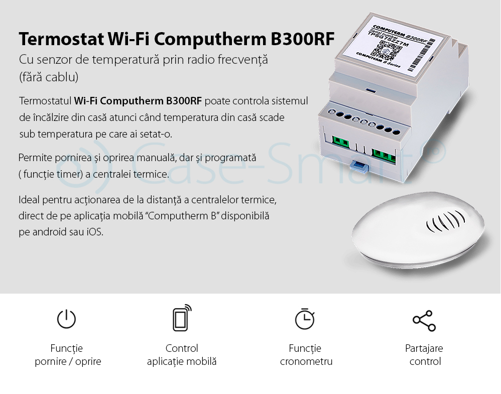 Termostat COMPUTHERM B300RF Wi-Fi cu senzor de temperatura fara fir, Timer, Control de pe telefonul mobil, Distribuire control acces
