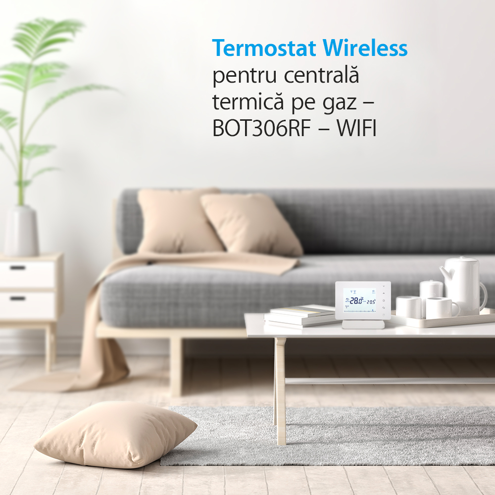Termostat Wi-Fi pentru centrala termica pe gaz si incalzire in pardoseala cu agent termic BeOk BOT306RF-WIFI, Programabil, Memorare setari, Anti-inghet, Control de pe telefonul mobil