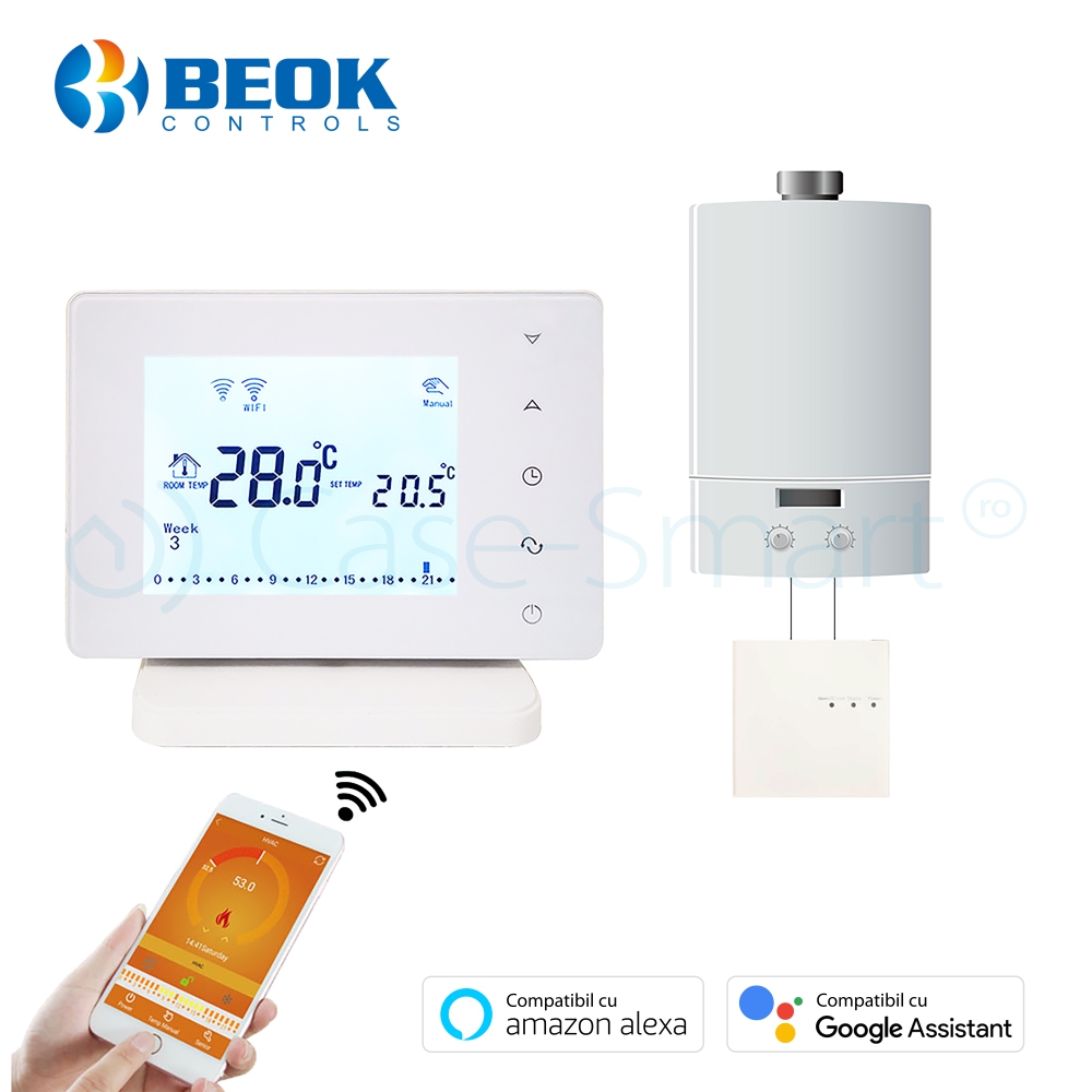 Termostat Wi-Fi pentru centrala termica pe gaz si incalzire in pardoseala agent BeOk BOT306RF-WIFI, Programabil, Memorare setari, Anti-inghet, Control de pe mobil - Case Smart