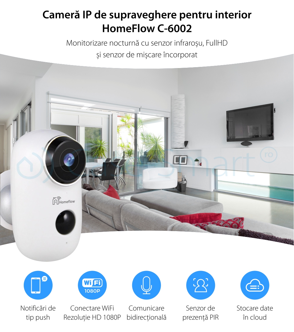 Camera de supraveghere inteligenta Wireless Homeflow C-6002, Comunicare bidirectionala, Detectie miscare