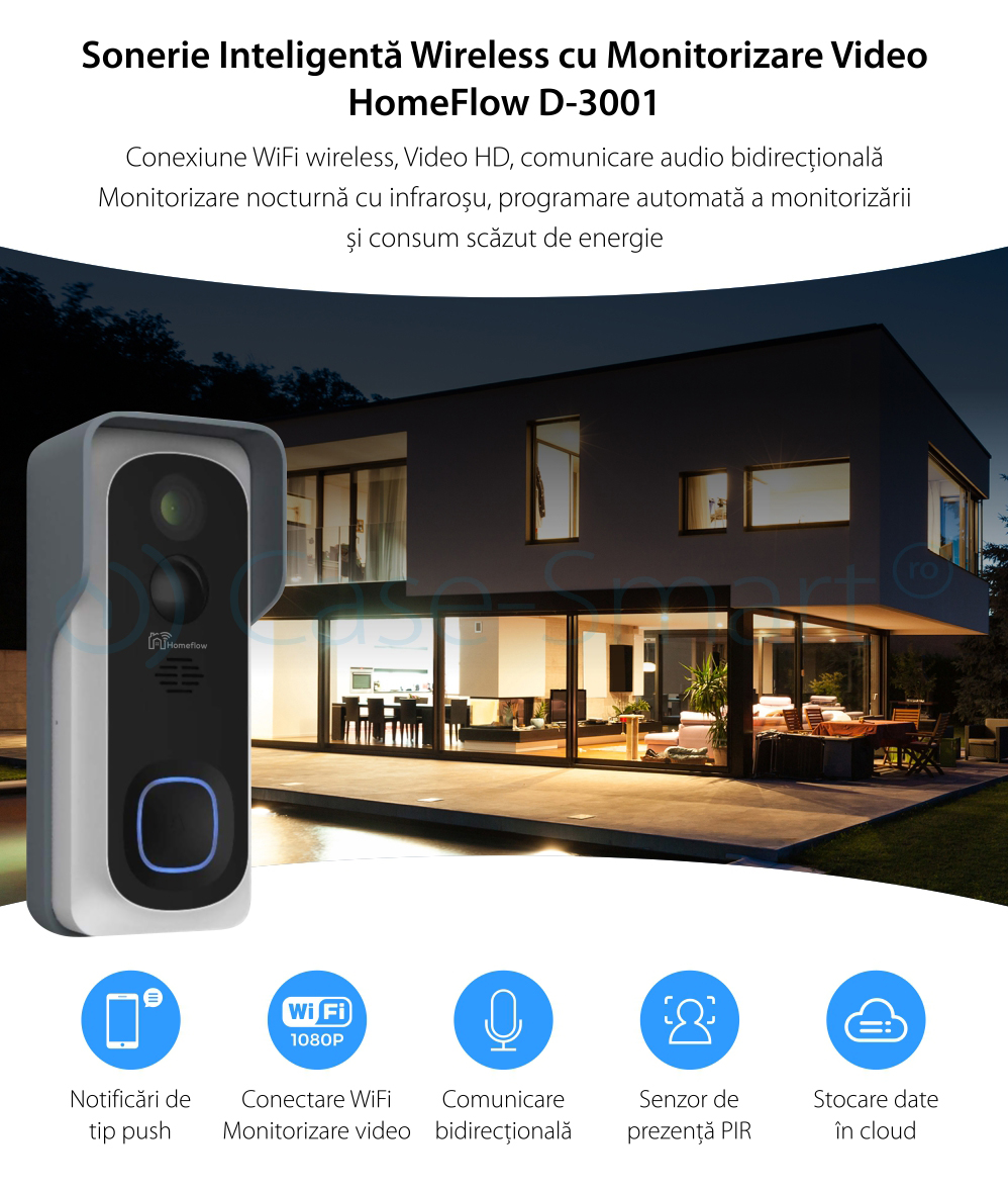 Sonerie inteligenta wireless cu monitorizare video Homeflow D-3001, Comunicare bidirectionala, Detectie miscare, Notificari, Modul sonerie interior inclus – Resigilat
