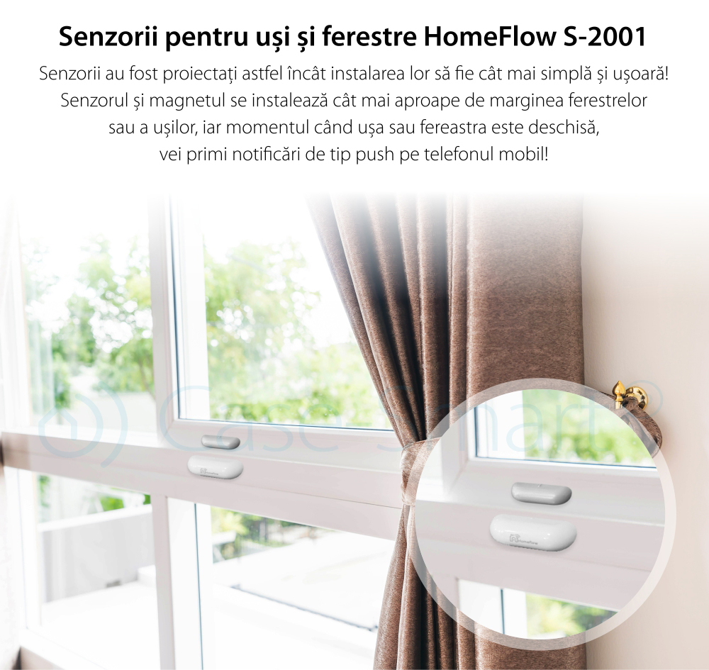 Senzor de contact pentru usi si ferestre Wireless Homeflow S-2001, Compatibil cu Google Assistant si Amazon Alexa