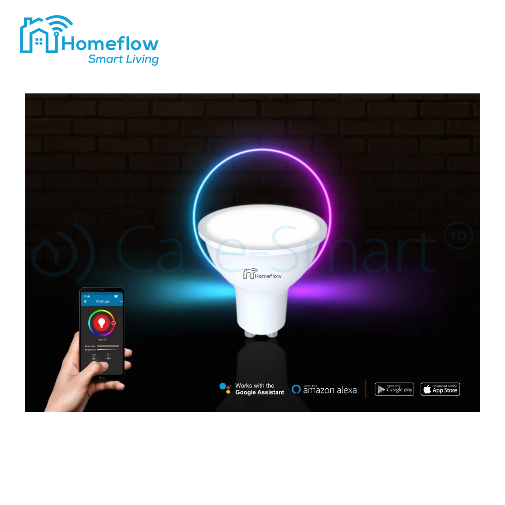Bec inteligent LED Wireless Homeflow B-5001, GU10, 5W (35W), 300lm, RGB, dimabil, Control de pe telefonul mobil