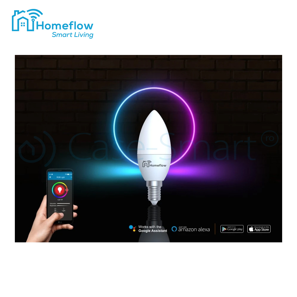 Bec inteligent LED Wireless Homeflow B-5004, E14, 5W (40W), 400lm, dimabil, RGB, Control de pe telefonul mobil