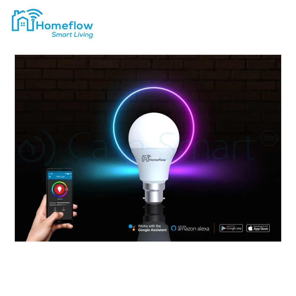 Bec inteligent LED Wireless Homeflow B-5006, B22, 9W (60W), 806lm, RGB, dimabil, Control de pe telefonul mobil